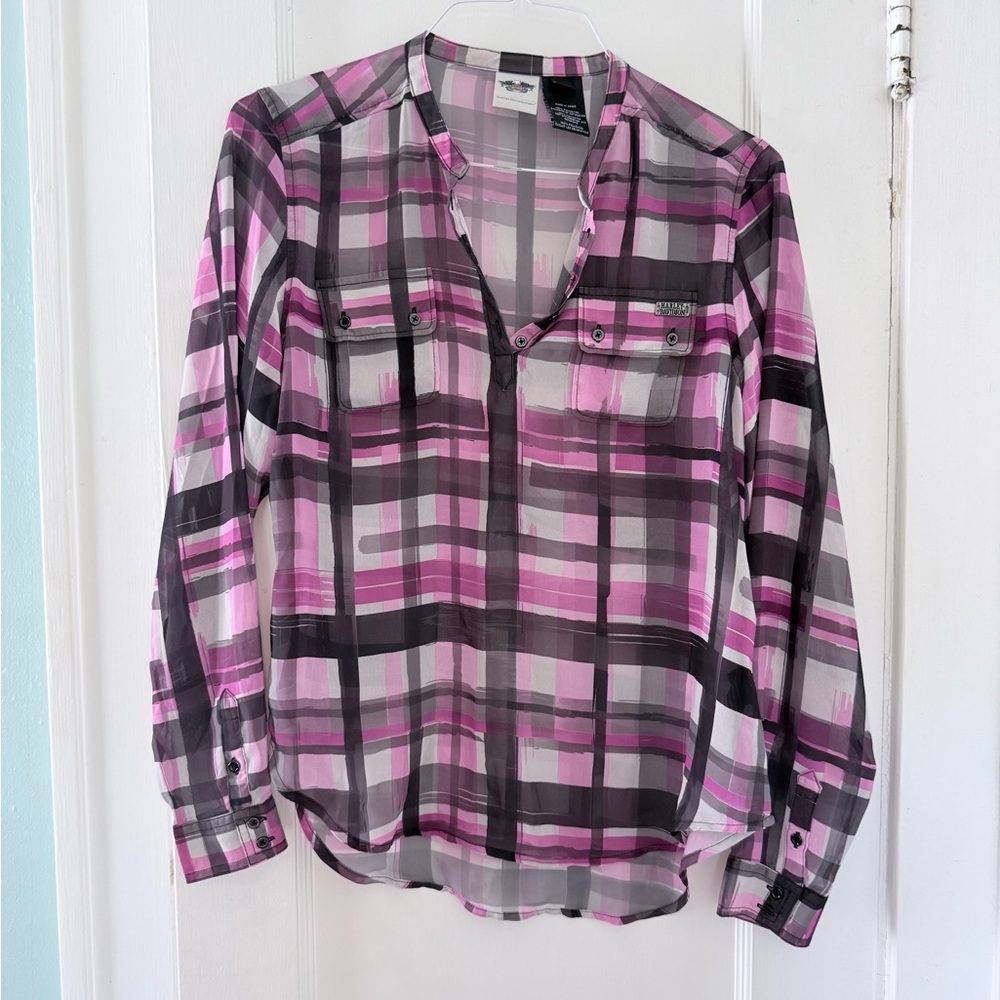 Harley-Davidson Pink Black Long Sleeve Blouse